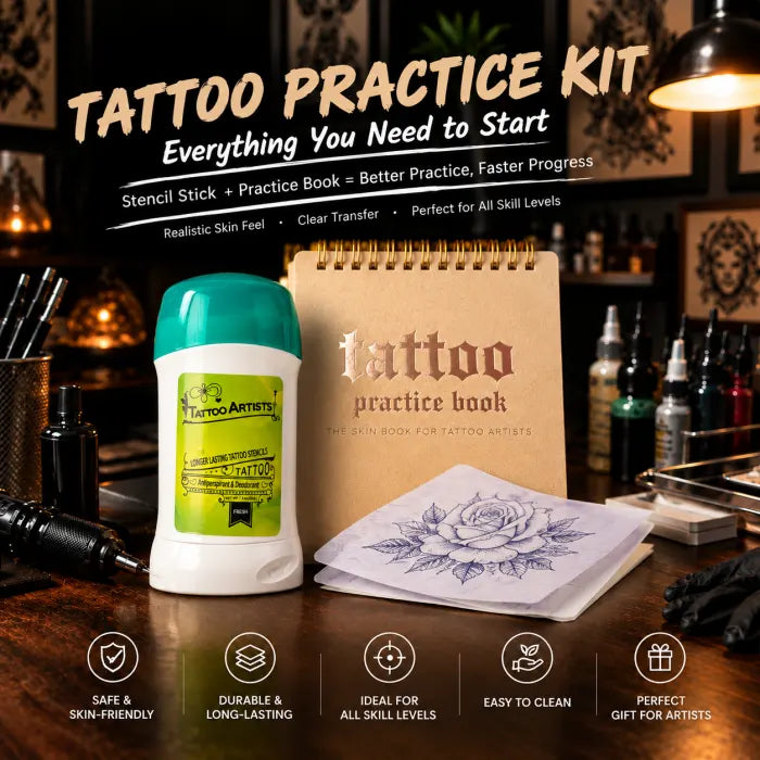 Tattoo Practice Kit - Silicone Practice Book + Tattoo Stencil Transfer Stick